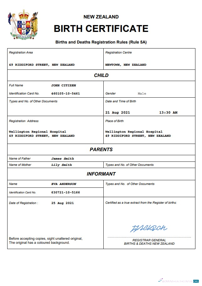 Download New Zealand birth certificate Word and PDF template Photoshop template